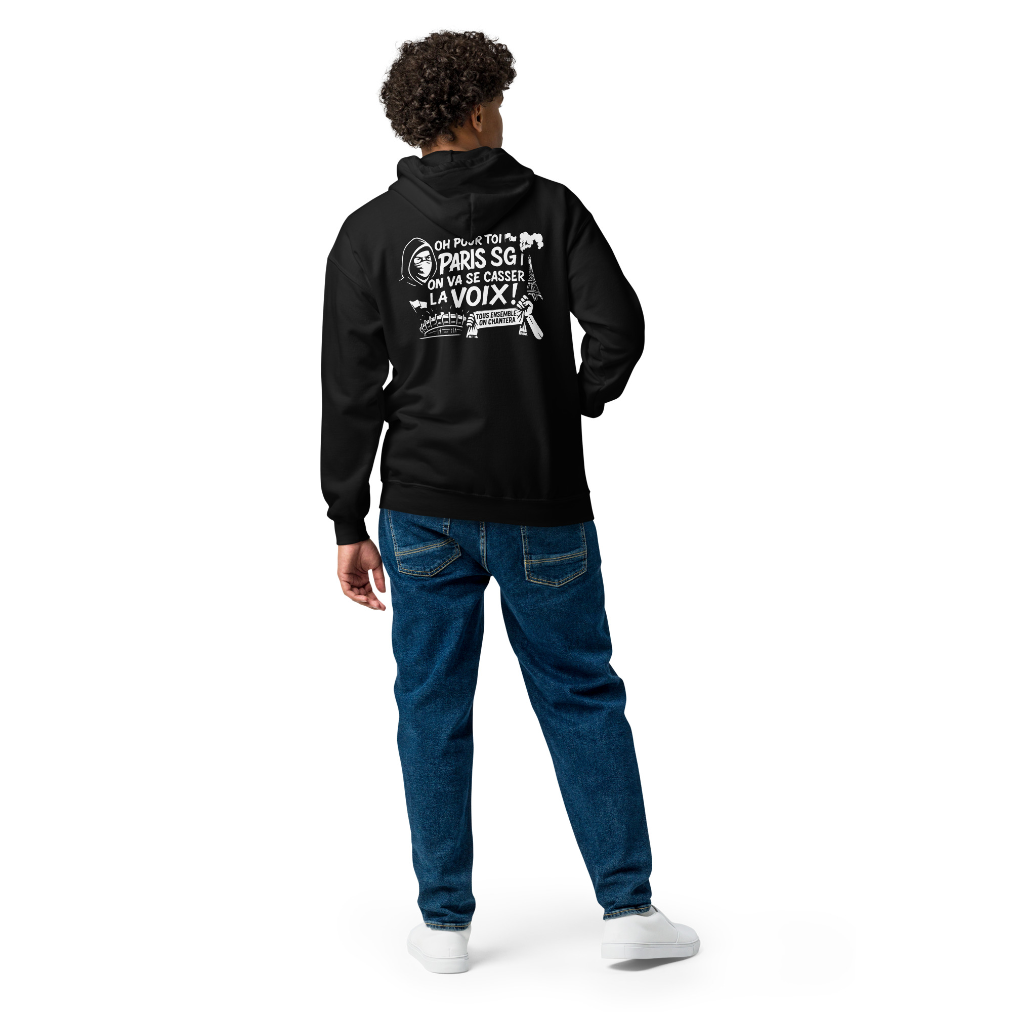 Sweat à capuche zippé PSG « Tous ensemble on chantera » – impression blanche