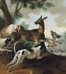 Chevreuil poursuivi par une meute de chiens, peint par Jean-Baptiste Oudry.