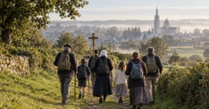 Illustration de pèlerins en famille marchant vers Sainte-Anne-d’Auray dans la campagne bretonne