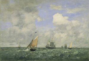 Voiliers quittant le port du Havre sous un ciel nuageux.