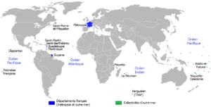 Carte mondiale situant les territoires français d'outre-mer.