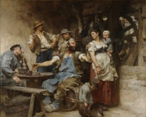 Scène de vendanges autour d’un pressoir, peinte par Léon Lhermitte.